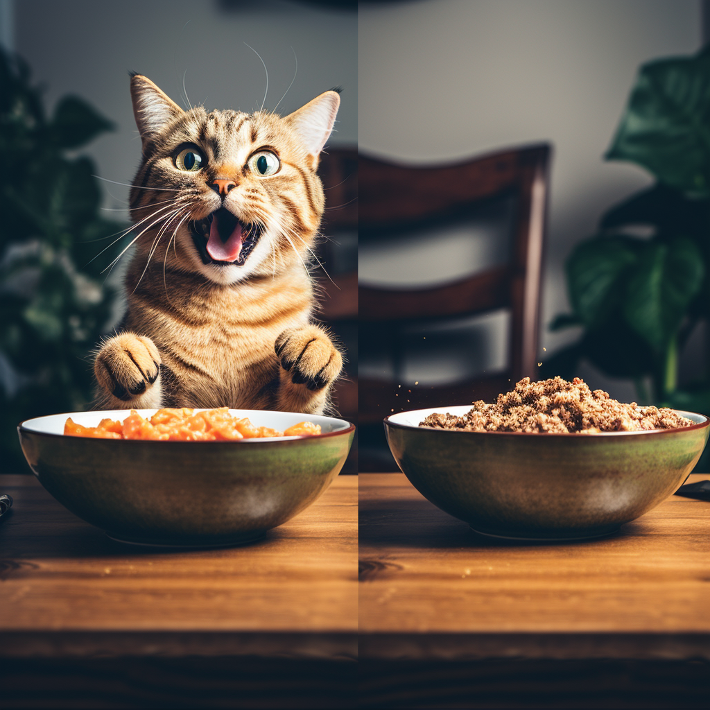 Кошка агрессивно бросается на еду