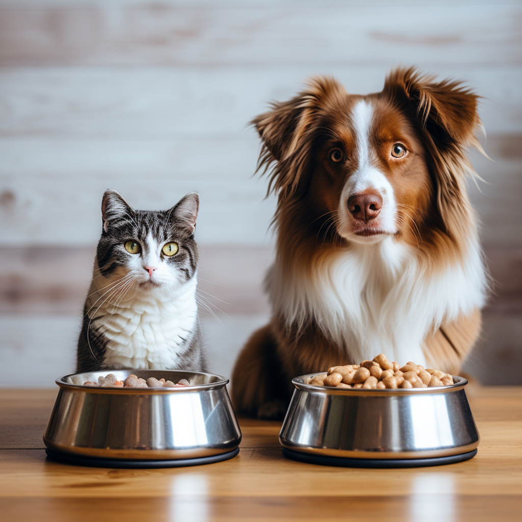 Кошка и собака у мисок с кормом