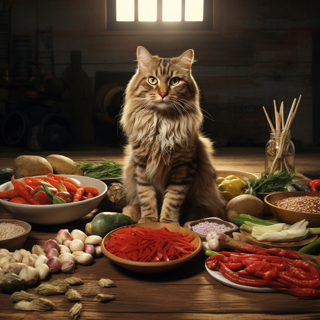 Кошка рядом с разнообразной диетической пищей