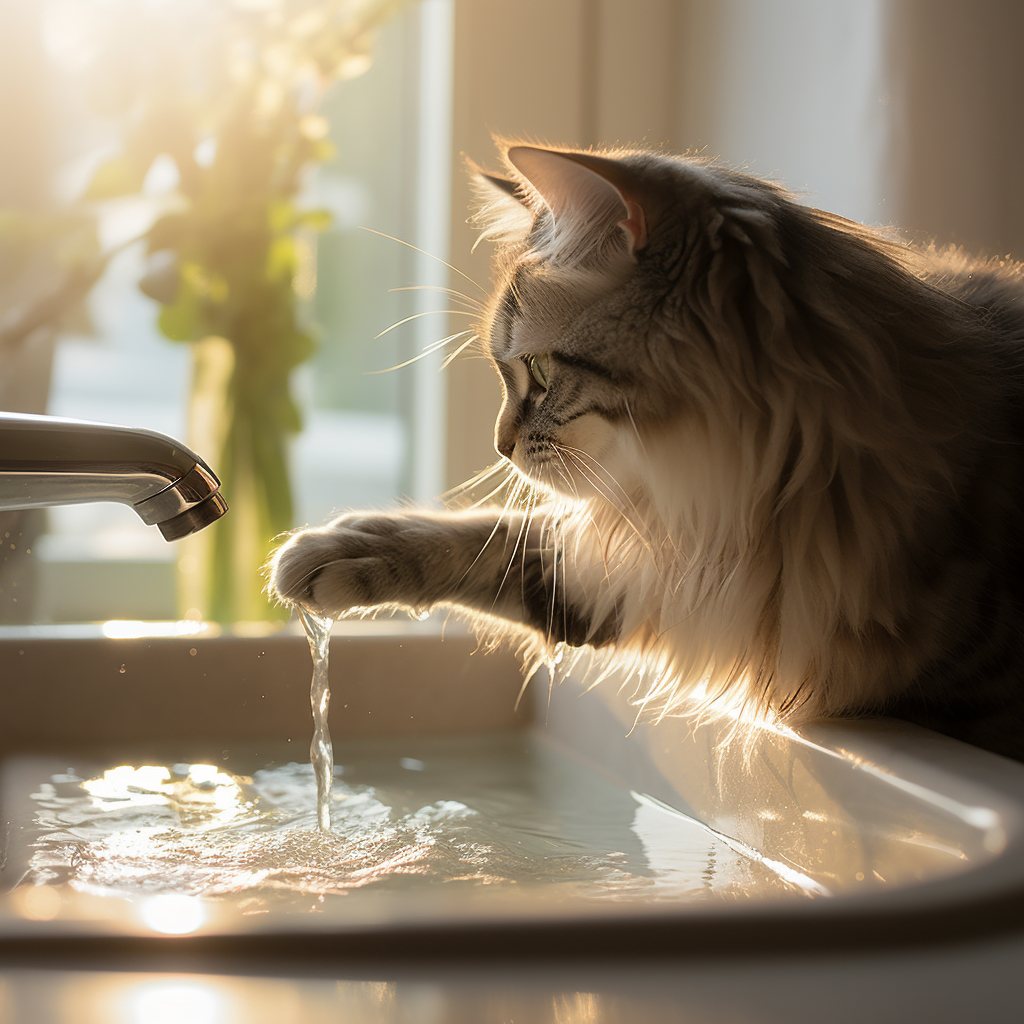 Кошка трогает воду