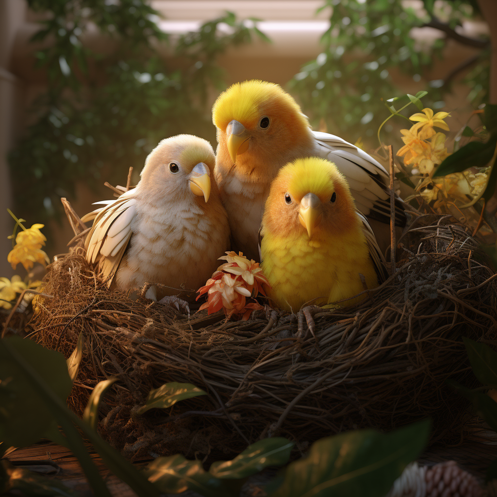 Попугаи в гнезде с птенцом