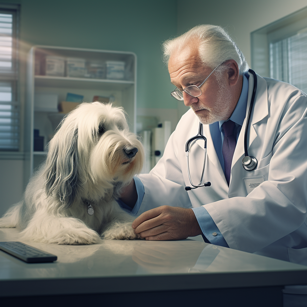 Пожилая собака на осмотре у ветеринара