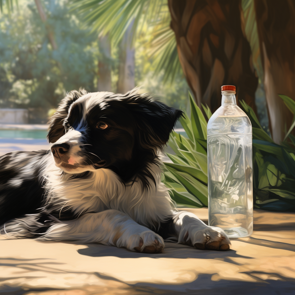 Собака в прохладном месте с бутылкой воды