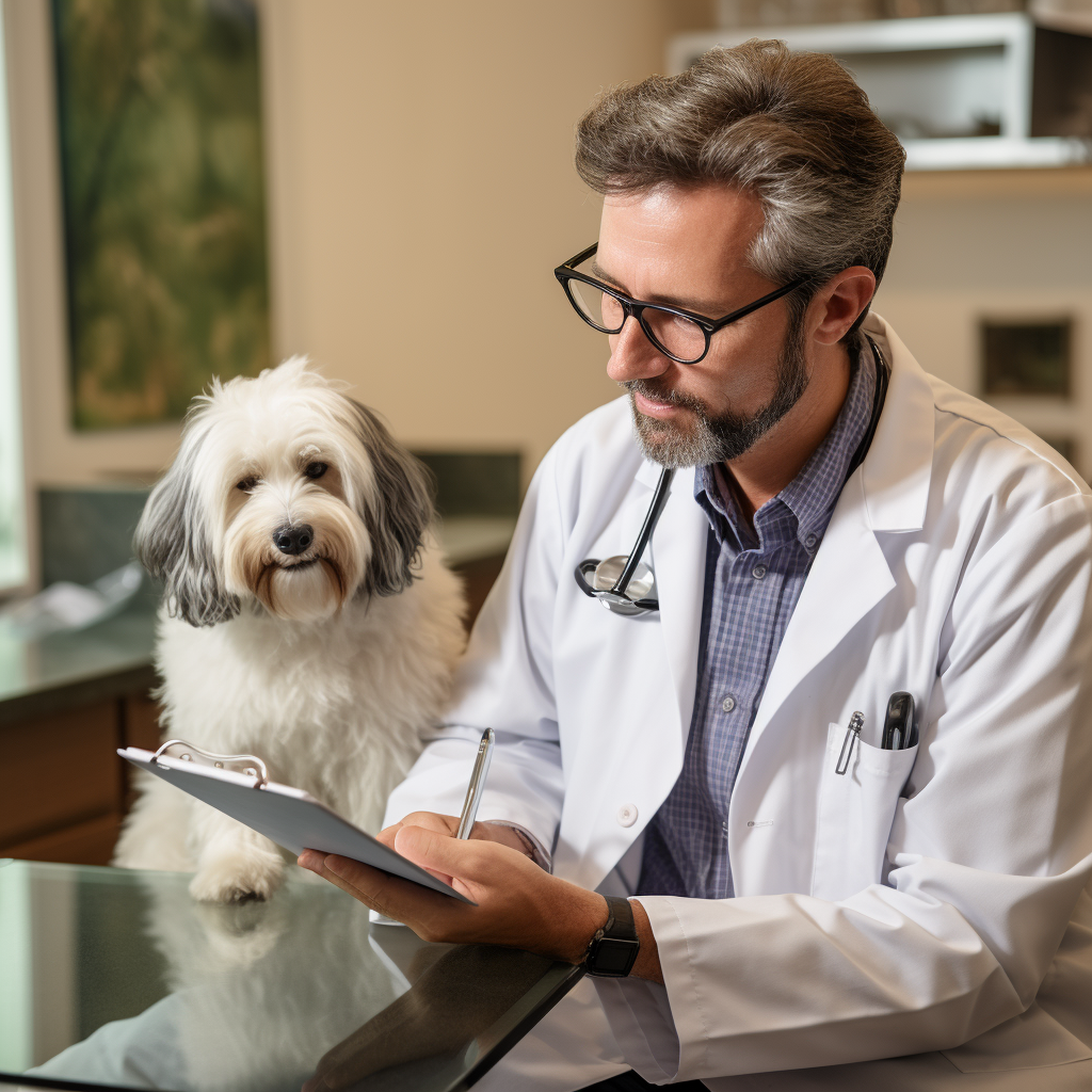 Ветеринар расписывает лечение собаки с деменцией