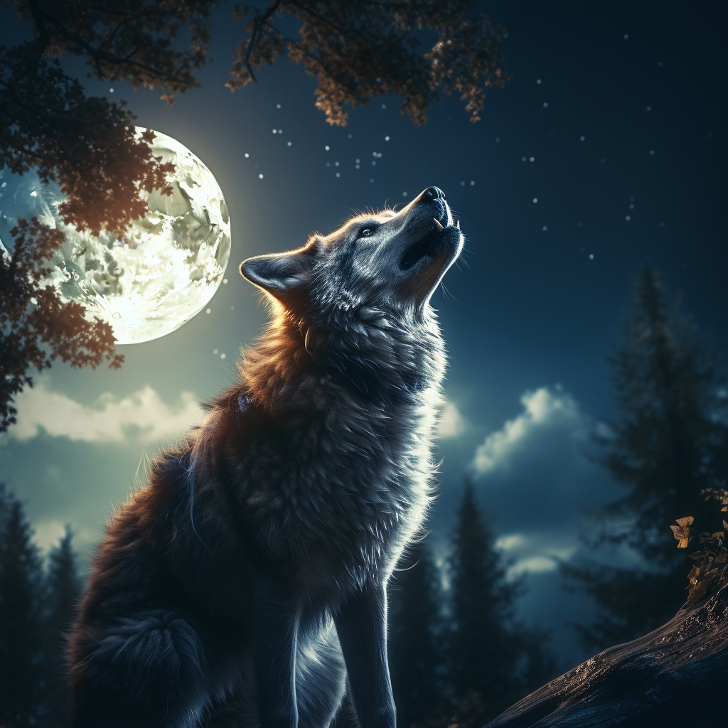 Воющая собака на фоне луны