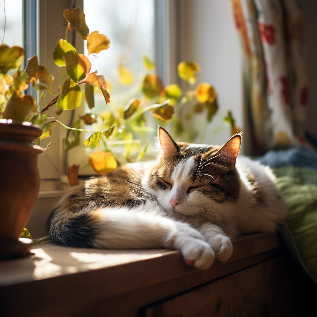 Трехцветная кошка спит на окне