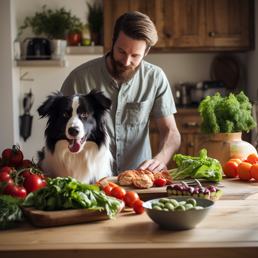 Владелец домашней собаки готовит здоровую еду